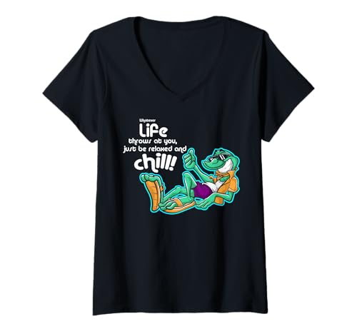 Damen Lustiger Spruch von süßem Frosch - Relax and Chill T-Shirt mit V-Ausschnitt Damen Lustiger Spruch von süßem Frosch - Relax and Chill T-Shirt mit V-Ausschnitt von Positive Vibes Apparel & Accessories