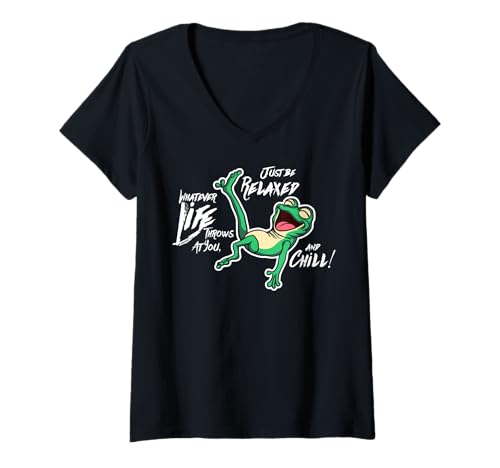 Damen Lustiger Spruch von süßem Frosch - Relax and Chill T-Shirt mit V-Ausschnitt von Positive Vibes Apparel & Accessories