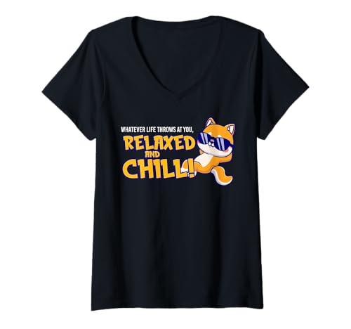 Damen Lustiger Spruch von süßem Fuchs - Relax and Chill T-Shirt mit V-Ausschnitt von Positive Vibes Apparel & Accessories