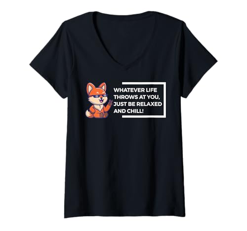 Damen Lustiger Spruch von süßem Fuchs - Relax and Chill T-Shirt mit V-Ausschnitt von Positive Vibes Apparel & Accessories