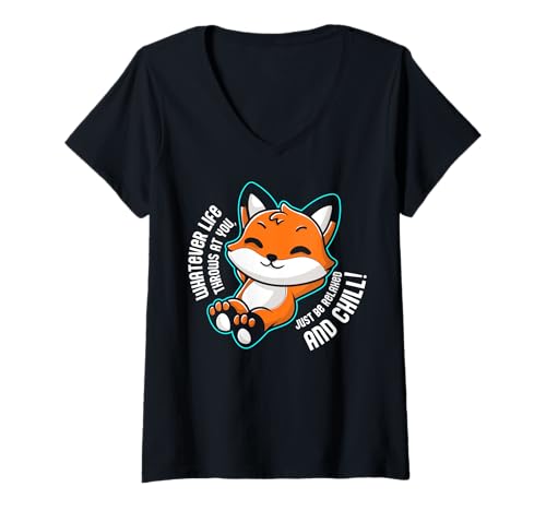 Damen Lustiger Spruch von süßem Fuchs - Relax and Chill T-Shirt mit V-Ausschnitt Damen Lustiger Spruch von süßem Fuchs - Relax and Chill T-Shirt mit V-Ausschnitt von Positive Vibes Apparel & Accessories