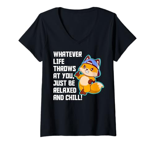 Damen Lustiger Spruch von süßem Fuchs - Relax and Chill T-Shirt mit V-Ausschnitt Damen Lustiger Spruch von süßem Fuchs - Relax and Chill T-Shirt mit V-Ausschnitt von Positive Vibes Apparel & Accessories