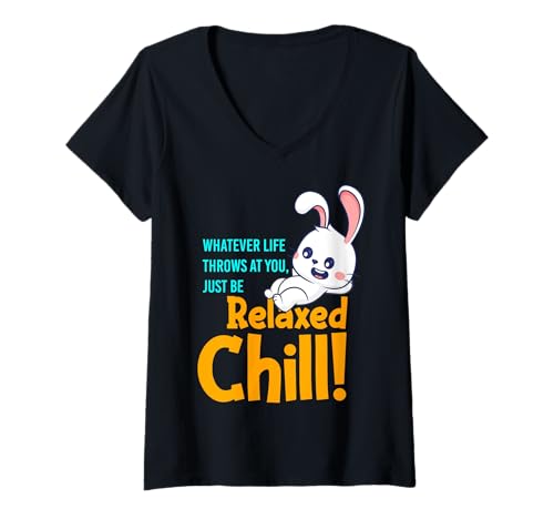 Damen Lustiger Spruch von süßem Kaninchen - Relax and Chill T-Shirt mit V-Ausschnitt Damen Lustiger Spruch von süßem Kaninchen - Relax and Chill T-Shirt mit V-Ausschnitt von Positive Vibes Apparel & Accessories