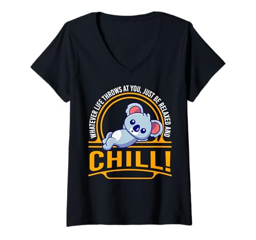 Damen Lustiger Spruch von süßem Koala - Relax and Chill T-Shirt mit V-Ausschnitt von Positive Vibes Apparel & Accessories