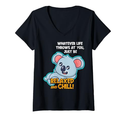 Damen Lustiger Spruch von süßem Koala - Relax and Chill T-Shirt mit V-Ausschnitt von Positive Vibes Apparel & Accessories