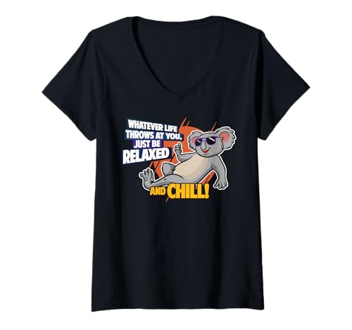 Damen Lustiger Spruch von süßem Koala - Relax and Chill T-Shirt mit V-Ausschnitt von Positive Vibes Apparel & Accessories