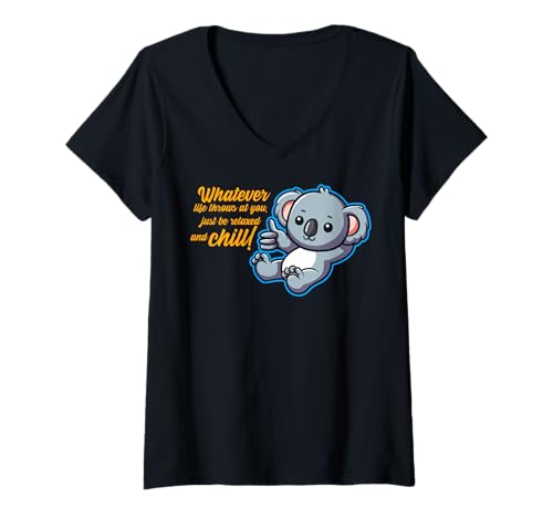 Damen Lustiger Spruch von süßem Koala - Relax and Chill T-Shirt mit V-Ausschnitt von Positive Vibes Apparel & Accessories
