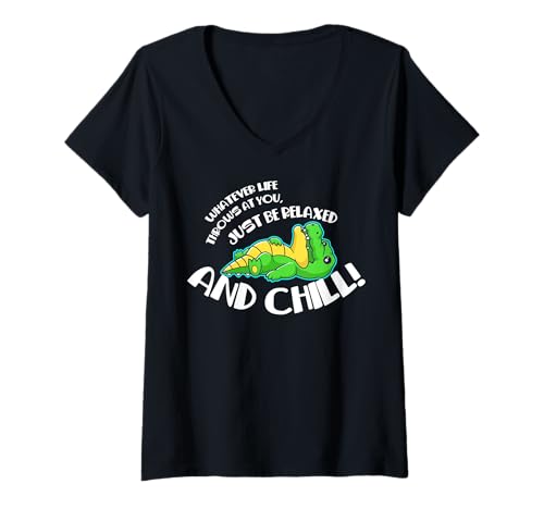Damen Lustiger Spruch von süßem Krokodil - Relax and Chill T-Shirt mit V-Ausschnitt von Positive Vibes Apparel & Accessories