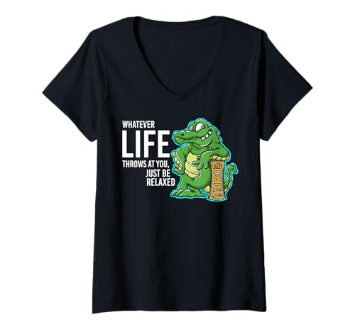 Damen Lustiger Spruch von süßem Krokodil - Relax and Chill T-Shirt mit V-Ausschnitt von Positive Vibes Apparel & Accessories