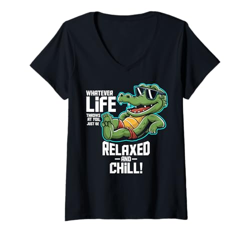 Damen Lustiger Spruch von süßem Krokodil - Relax and Chill T-Shirt mit V-Ausschnitt von Positive Vibes Apparel & Accessories