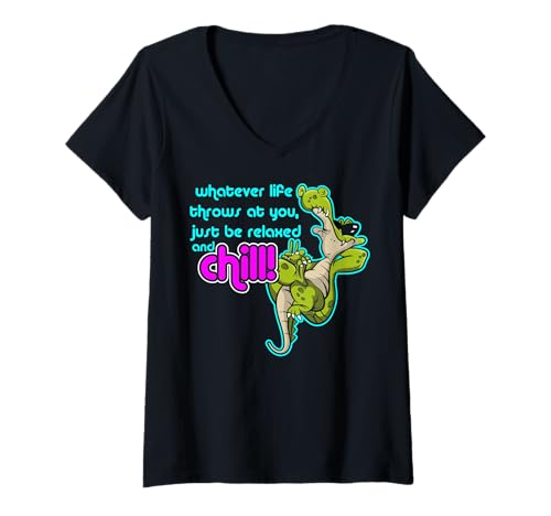 Damen Lustiger Spruch von süßem Krokodil - Relax and Chill T-Shirt mit V-Ausschnitt von Positive Vibes Apparel & Accessories