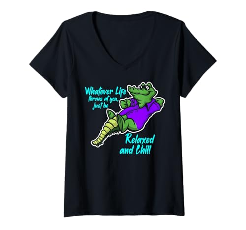 Damen Lustiger Spruch von süßem Krokodil - Relax and Chill T-Shirt mit V-Ausschnitt Damen Lustiger Spruch von süßem Krokodil - Relax and Chill T-Shirt mit V-Ausschnitt von Positive Vibes Apparel & Accessories