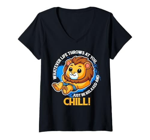 Damen Lustiger Spruch von süßem Löwen - Relax and Chill T-Shirt mit V-Ausschnitt von Positive Vibes Apparel & Accessories