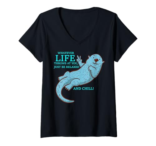 Damen Lustiger Spruch von süßem Otter - Relax and Chill T-Shirt mit V-Ausschnitt Damen Lustiger Spruch von süßem Otter - Relax and Chill T-Shirt mit V-Ausschnitt von Positive Vibes Apparel & Accessories