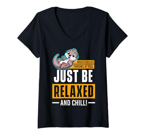 Damen Lustiger Spruch von süßem Otter - Relax and Chill T-Shirt mit V-Ausschnitt von Positive Vibes Apparel & Accessories