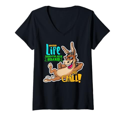 Damen Lustiger Spruch von süßem Pferd - Relax and Chill T-Shirt mit V-Ausschnitt von Positive Vibes Apparel & Accessories