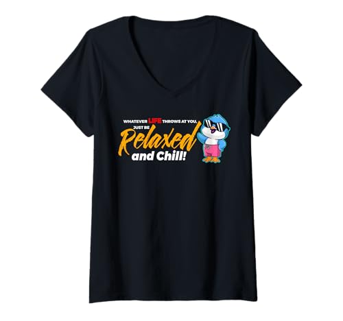 Damen Lustiger Spruch von süßem Pinguin - Relax and Chill T-Shirt mit V-Ausschnitt von Positive Vibes Apparel & Accessories