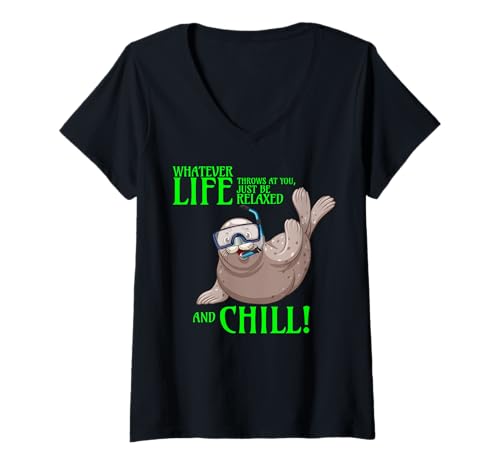 Damen Lustiger Spruch von süßem Siegel - Relax and Chill T-Shirt mit V-Ausschnitt von Positive Vibes Apparel & Accessories