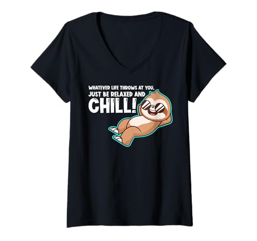 Damen Lustiger Spruch von süßem Tier - Relax and Chill T-Shirt mit V-Ausschnitt von Positive Vibes Apparel & Accessories