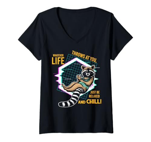 Damen Lustiger Spruch von süßem Waschbär - Relax and Chill T-Shirt mit V-Ausschnitt von Positive Vibes Apparel & Accessories