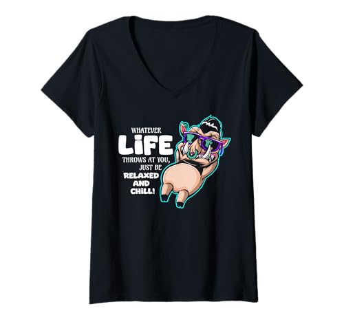 Damen Lustiger Spruch von süßem Wildschwein - Relax and Chill T-Shirt mit V-Ausschnitt von Positive Vibes Apparel & Accessories