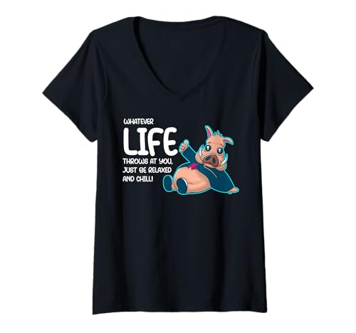 Damen Lustiger Spruch von süßem Wildschwein - Relax and Chill T-Shirt mit V-Ausschnitt von Positive Vibes Apparel & Accessories