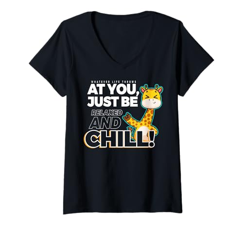 Damen Lustiger Spruch von süßer Giraffe - Relax and Chill T-Shirt mit V-Ausschnitt von Positive Vibes Apparel & Accessories