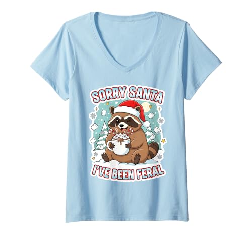 Damen Lustiger Weihnachts-Waschbär Sorry Santa I've Been Feral Holiday T-Shirt mit V-Ausschnitt Damen Lustiger Weihnachts-Waschbär Sorry Santa I've Been Feral Holiday T-Shirt mit V-Ausschnitt von Positive Vibes Inspirational Motivational Tees