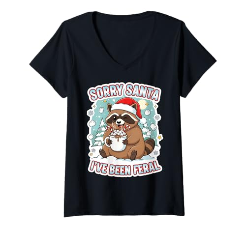 Damen Lustiger Weihnachts-Waschbär Sorry Santa I've Been Feral Holiday T-Shirt mit V-Ausschnitt Damen Lustiger Weihnachts-Waschbär Sorry Santa I've Been Feral Holiday T-Shirt mit V-Ausschnitt von Positive Vibes Inspirational Motivational Tees