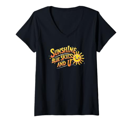 Damen Sonnenschein, Blauer Himmel und USA. Freundschaften, Freude T-Shirt mit V-Ausschnitt Damen Sonnenschein, Blauer Himmel und USA. Freundschaften, Freude T-Shirt mit V-Ausschnitt von Positivity, Happiness, Summer Fun