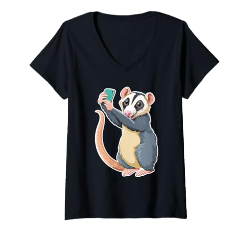 Damen Lustiges Opossum Taking Selfie Trash Bandit Funky Riz Animal T-Shirt mit V-Ausschnitt Damen Lustiges Opossum Taking Selfie Trash Bandit Funky Riz Animal T-Shirt mit V-Ausschnitt von Posse of Possums