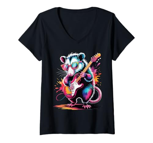 Damen Possum spielt Gitarre, farbenfroher Farbspritzer im Posterstil T-Shirt mit V-Ausschnitt Damen Possum spielt Gitarre, farbenfroher Farbspritzer im Posterstil T-Shirt mit V-Ausschnitt von Possum Lover Apparel & Arts