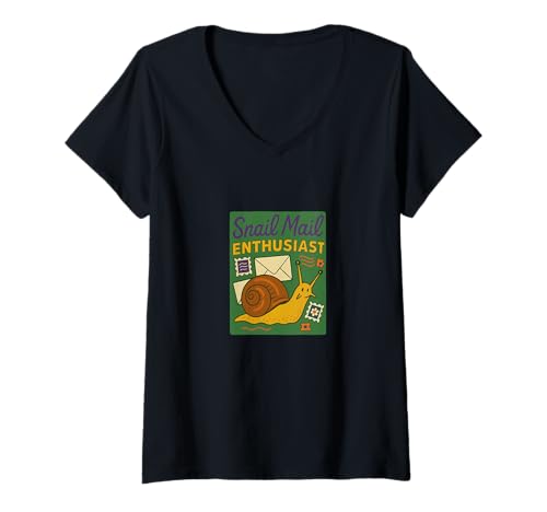 Damen Snail Mail Enthusiast Retro Ästhetisches Briefmarkensammlerdesign T-Shirt mit V-Ausschnitt von Postal Charm Clubs