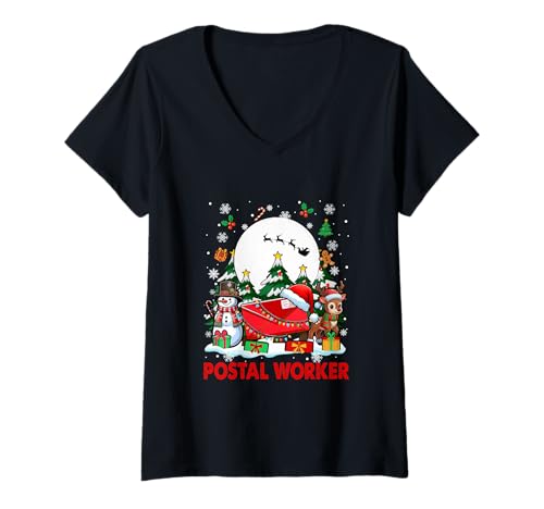 Damen Postarbeiter Job Tools Weihnachtsmann Schneemänner Rentier Weihnachten T-Shirt mit V-Ausschnitt Damen Postarbeiter Job Tools Weihnachtsmann Schneemänner Rentier Weihnachten T-Shirt mit V-Ausschnitt von Postal Worker Christmas Costume