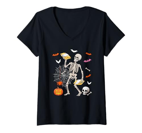Damen Postarbeiter Job Horror Skelett Halloween Kostüm Team T-Shirt mit V-Ausschnitt Damen Postarbeiter Job Horror Skelett Halloween Kostüm Team T-Shirt mit V-Ausschnitt von Postal Worker Halloween Costume