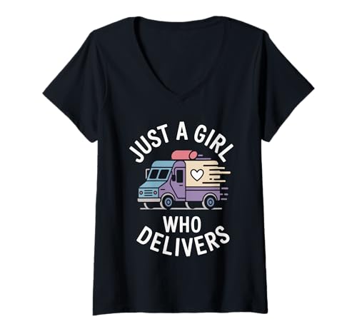 Damen Just a Girl Who Delivers – Funny Mail Carrier Pride Saying T-Shirt mit V-Ausschnitt Damen Just a Girl Who Delivers – Funny Mail Carrier Pride Saying T-Shirt mit V-Ausschnitt von Postal Worker Humor for Couriers Delivery Drivers