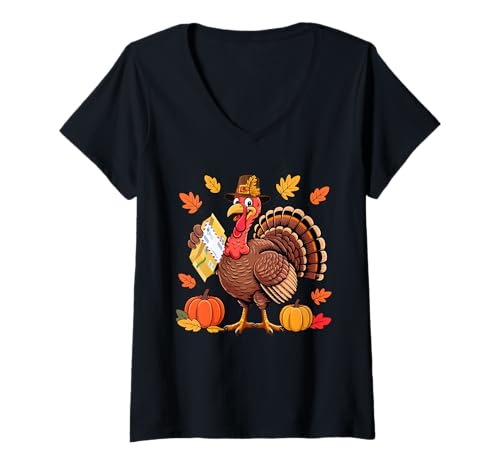 Damen Postangestellter Job Thanksgiving Türkei Herbstlaub Kürbisse T-Shirt mit V-Ausschnitt von Postal Worker Thanksgiving Costume