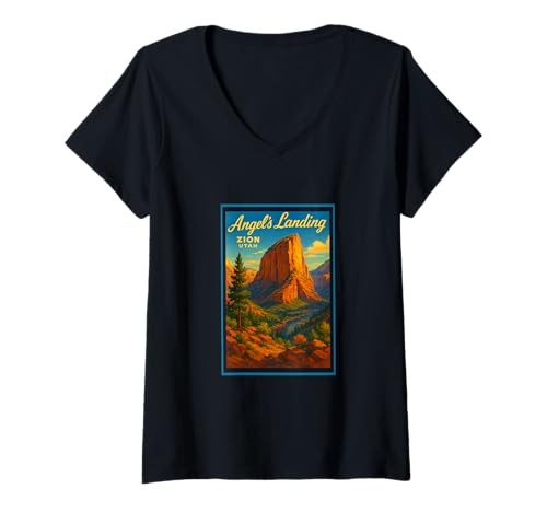 Damen Retro Vintage Angels Landing Utah UT Zion Poster Kunst Grafik T-Shirt mit V-Ausschnitt Damen Retro Vintage Angels Landing Utah UT Zion Poster Kunst Grafik T-Shirt mit V-Ausschnitt von Posters From Around the World Apparel and Design