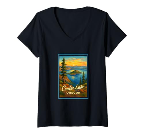 Damen Retro Vintage Crater Lake Oregon Oregon oder Poster Kunst Grafik T-Shirt mit V-Ausschnitt Damen Retro Vintage Crater Lake Oregon Oregon oder Poster Kunst Grafik T-Shirt mit V-Ausschnitt von Posters From Around the World Apparel and Design