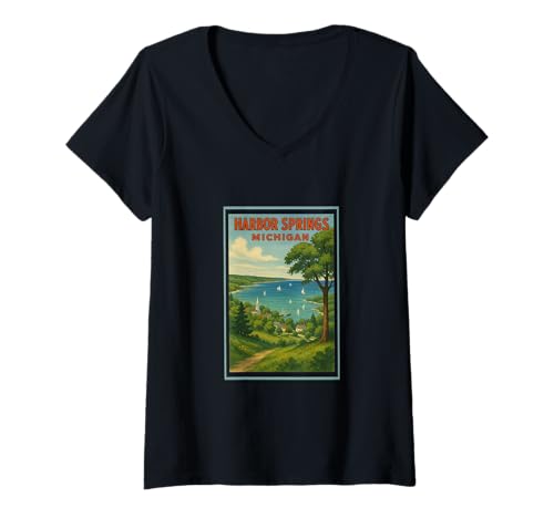 Damen Retro Vintage Harbor Springs Lake Michigan Up North Grafik T-Shirt mit V-Ausschnitt Damen Retro Vintage Harbor Springs Lake Michigan Up North Grafik T-Shirt mit V-Ausschnitt von Posters From Around the World Apparel and Design