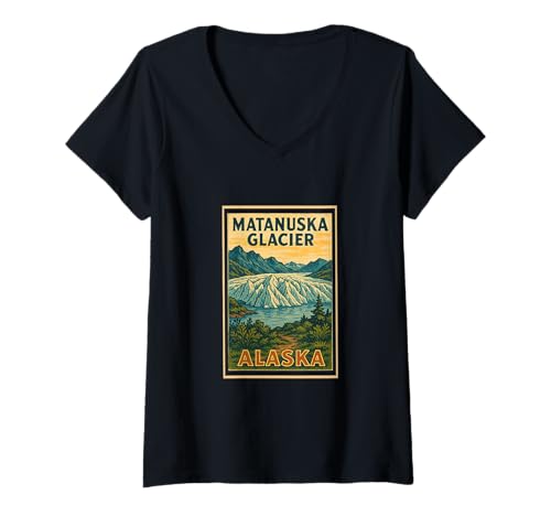 Damen Retro Vintage Matanuska Glacier Alaska AK Anchorage Grafik T-Shirt mit V-Ausschnitt Damen Retro Vintage Matanuska Glacier Alaska AK Anchorage Grafik T-Shirt mit V-Ausschnitt von Posters From Around the World Apparel and Design