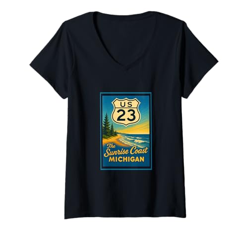 Damen Retro Vintage US 23 Sunrise Michigan Coast Mi Art Grafik T-Shirt mit V-Ausschnitt Damen Retro Vintage US 23 Sunrise Michigan Coast Mi Art Grafik T-Shirt mit V-Ausschnitt von Posters From Around the World Apparel and Design