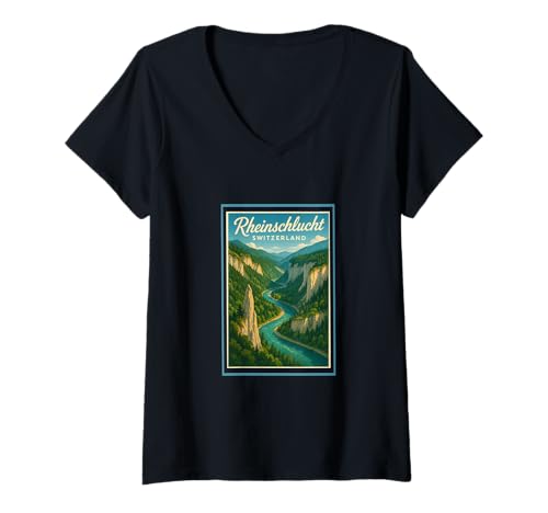 Damen Rheinschlucht Swiss Grand Canyon Schweiz Vintage Grafik T-Shirt mit V-Ausschnitt von Posters From Around the World Apparel and Design