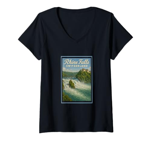 Damen Rhine Falls Schweiz 50er Jahre Vintage Travel Post Art Grafik T-Shirt mit V-Ausschnitt Damen Rhine Falls Schweiz 50er Jahre Vintage Travel Post Art Grafik T-Shirt mit V-Ausschnitt von Posters From Around the World Apparel and Design