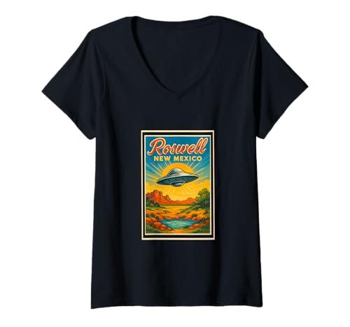 Damen Roswell New Mexico NM Ufologie-Kunstgrafik im Retro-Look T-Shirt mit V-Ausschnitt Damen Roswell New Mexico NM Ufologie-Kunstgrafik im Retro-Look T-Shirt mit V-Ausschnitt von Posters From Around the World Apparel and Design