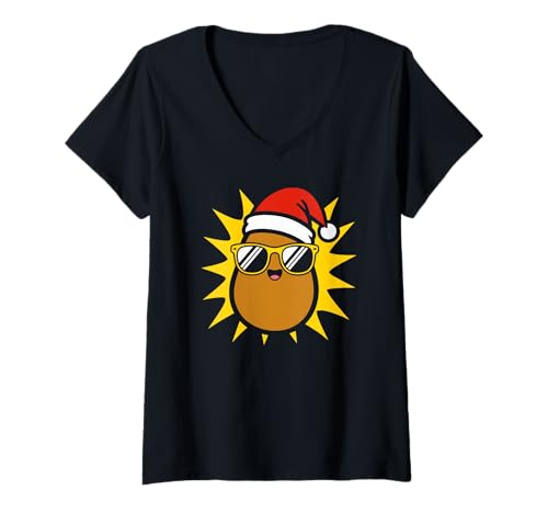 Damen Weihnachtskartoffel mit Sonnenbrille T-Shirt mit V-Ausschnitt von Potato Christmas outfit