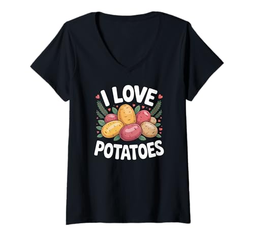 Damen I Love Potatoes niedliches lustiges Design Kunst T-Shirt mit V-Ausschnitt von Potato Lovers Funny Cute Whimsical