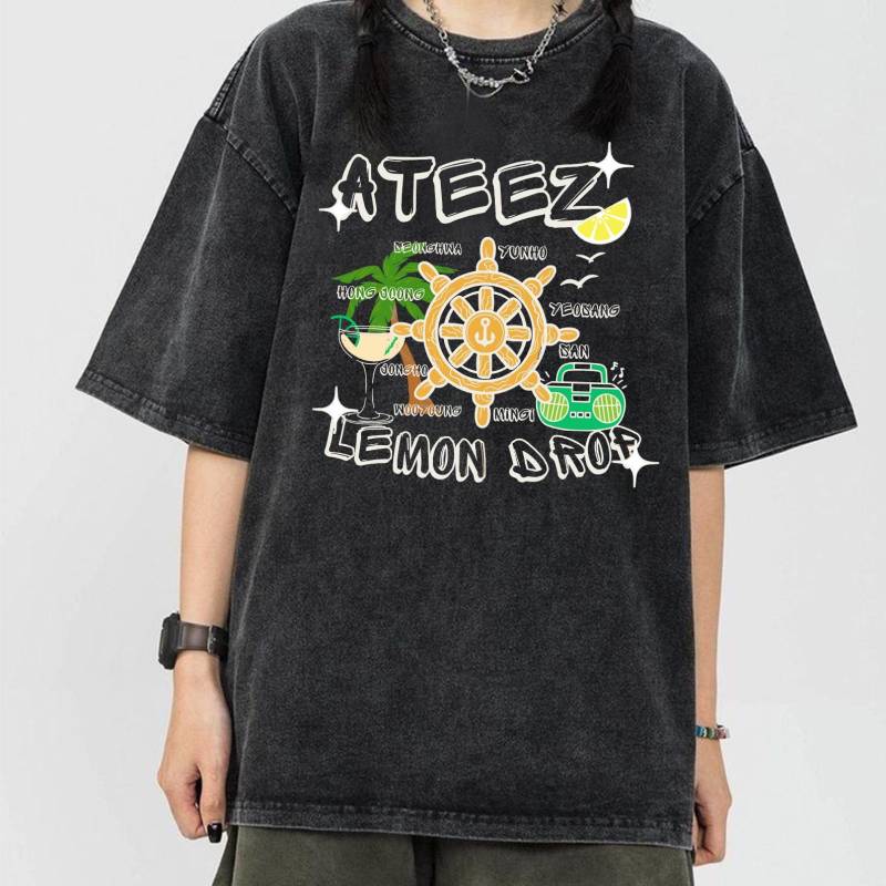 Retro Ateez Lemon Drop Mineral Wash T-Shirt, Goldene Stunde Teil 3 Shirt, 2025 Welttournee in Deiner Fantasie, Aniteez Mitglieds Shirt von PotsdamPlazash