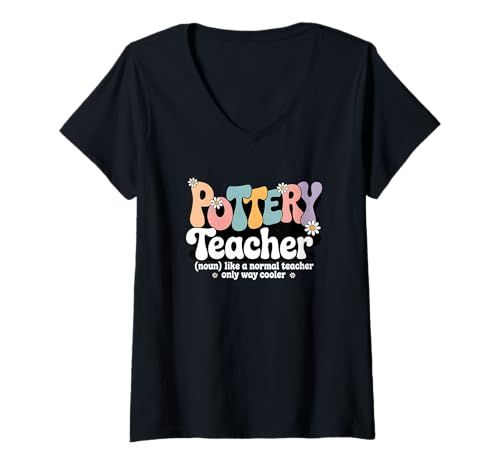 Damen Retro Groovy Pottery Teacher Keramik Skulptur Kunst Schule T-Shirt mit V-Ausschnitt von Pottery Teacher Apparel for Women & Men
