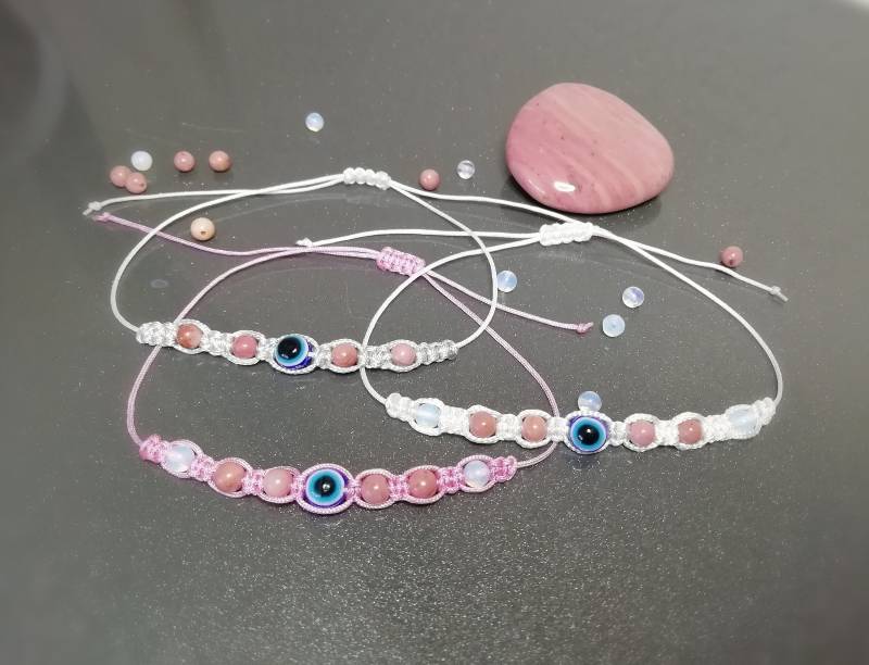 Rhodonit-stein - Böser Blick Makramee-Armband Unterstützt Veränderungen Und Erneuerungsprozesse | Mineralstein Armband von PoudyArt
